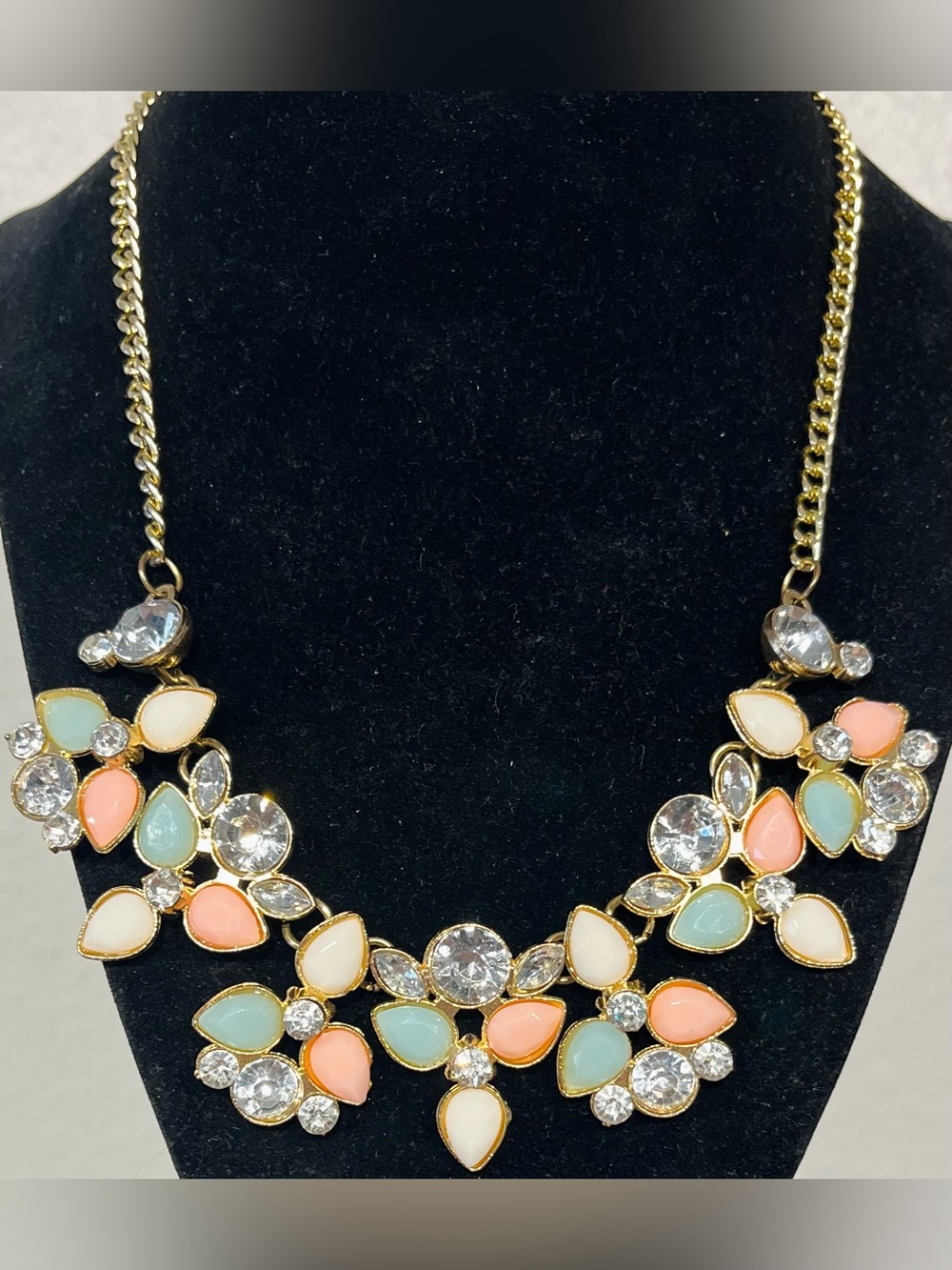 Vintage Gold Statement Necklace with Pastel Pink, Mint Green and Cream Stones